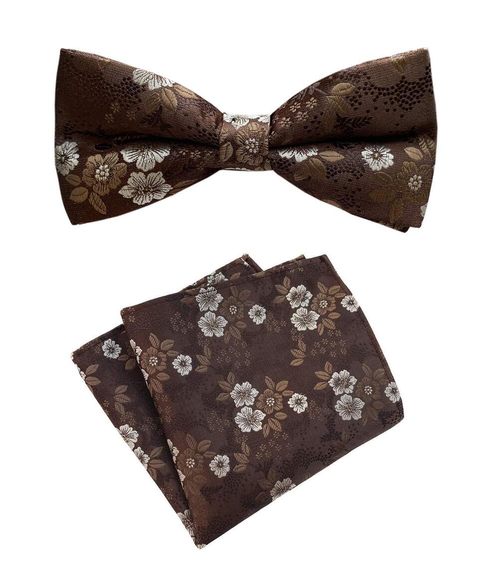 9934 Brown with White Floral Cravat Bow Tie Pocket Square Set Boy Formal